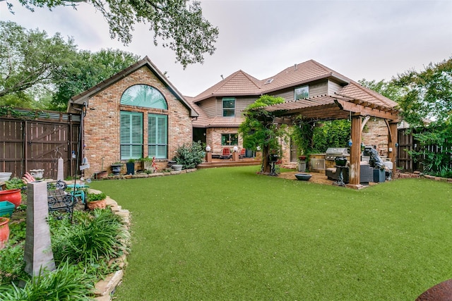 1600 Crockett Cir, Irving, TX 75038 - rear view of house with a pergola, a fenced backyard, brick siding, and a tile roof