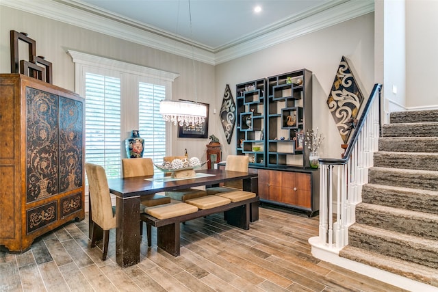 1600 Crockett Cir, Irving, TX 75038 - dining space with stairs, ornamental molding, and light wood-style flooring