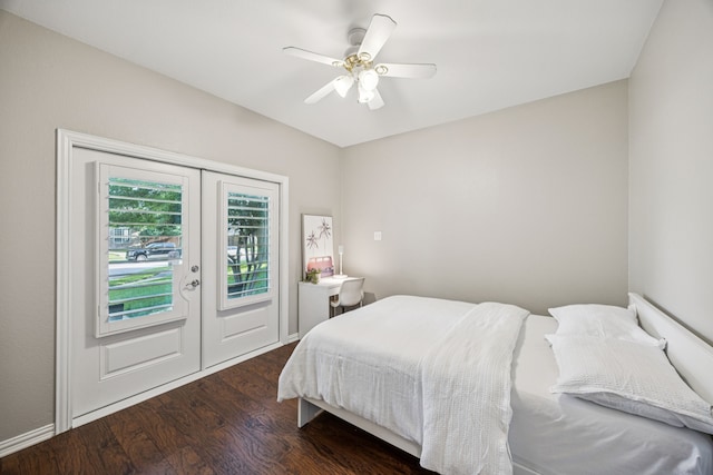 3805 Blaylock Pl, Plano, TX 75025 - bedroom featuring access to outside, dark wood-style floors, a ceiling fan, and french doors