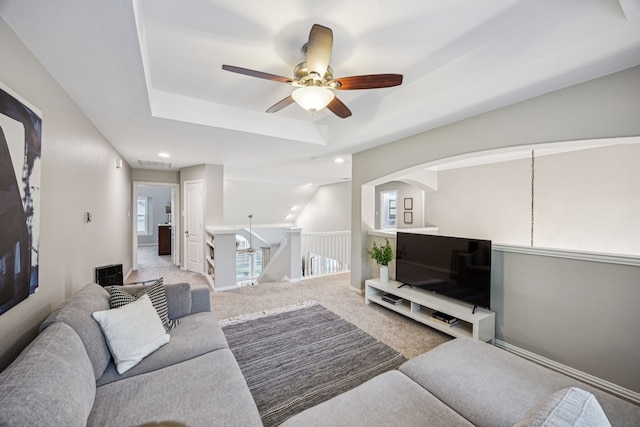 3805 Blaylock Pl, Plano, TX 75025 - living room featuring a ceiling fan, a raised ceiling, carpet floors, and recessed lighting