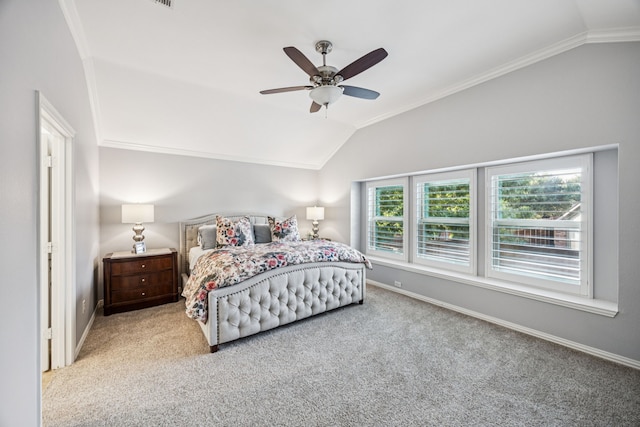3805 Blaylock Pl, Plano, TX 75025 - carpeted bedroom with vaulted ceiling, ornamental molding, and a ceiling fan