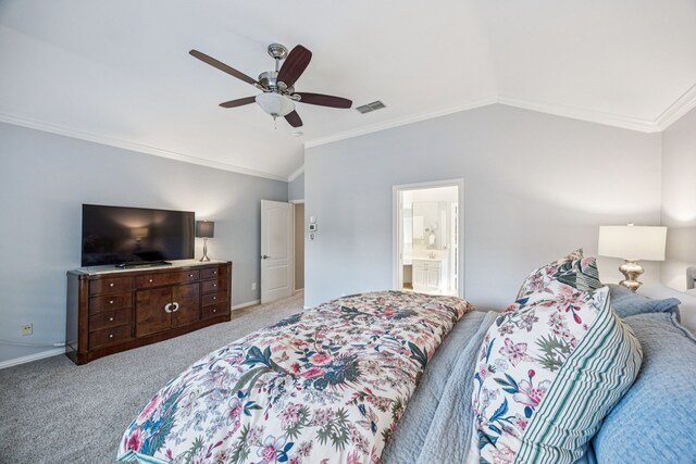 3805 Blaylock Pl, Plano, TX 75025 - carpeted bedroom with vaulted ceiling, crown molding, ceiling fan, and ensuite bath