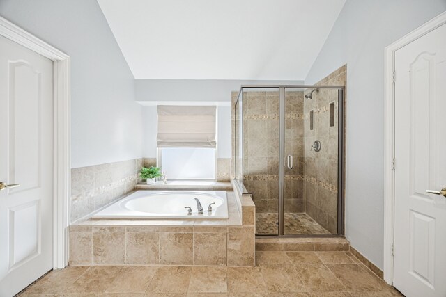 3805 Blaylock Pl, Plano, TX 75025 - full bathroom with a garden tub, lofted ceiling, and a stall shower