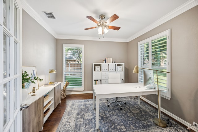 3805 Blaylock Pl, Plano, TX 75025 - office featuring ornamental molding, ceiling fan, and dark wood-style flooring