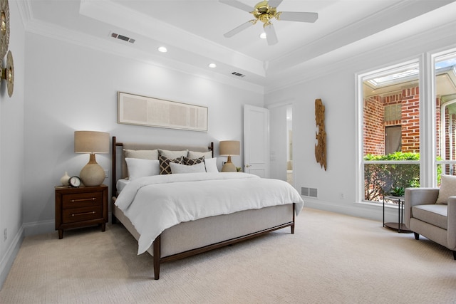 3928 Dove Creek Ln, Plano, TX 75093 - bedroom featuring a tray ceiling, light colored carpet, ornamental molding, multiple windows, and recessed lighting