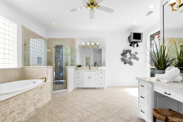 3928 Dove Creek Ln, Plano, TX 75093 - full bathroom featuring vanity, healthy amount of natural light, a stall shower, a garden tub, and crown molding