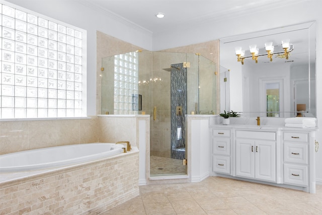 3928 Dove Creek Ln, Plano, TX 75093 - bathroom featuring a chandelier, a garden tub, tile patterned floors, a shower stall, and crown molding