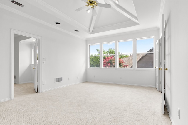 3928 Dove Creek Ln, Plano, TX 75093 - empty room with ornamental molding, light carpet, a ceiling fan, and a tray ceiling