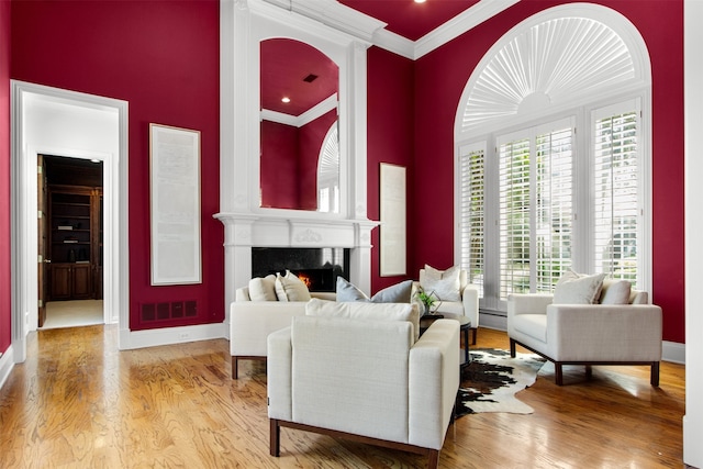 3928 Dove Creek Ln, Plano, TX 75093 - living room featuring crown molding, wood finished floors, a large fireplace, and a high ceiling