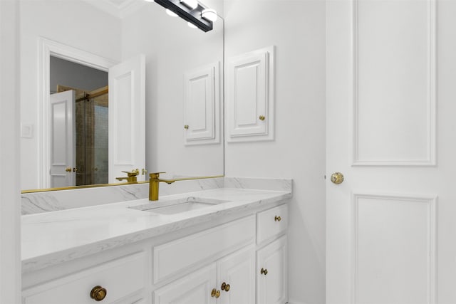3928 Dove Creek Ln, Plano, TX 75093 - full bath featuring vanity, an enclosed shower, and ornamental molding