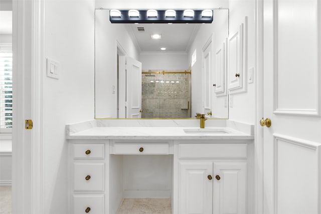 3928 Dove Creek Ln, Plano, TX 75093 - full bathroom featuring vanity, ornamental molding, a tile shower, and tile patterned floors