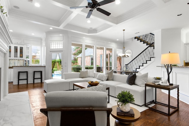 3928 Dove Creek Ln, Plano, TX 75093 - living room with stairs, crown molding, ceiling fan, beam ceiling, and coffered ceiling