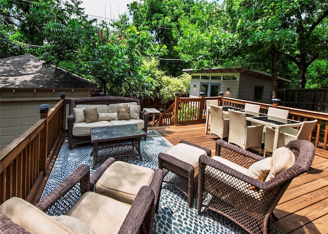 8803 Westglen Dr, Dallas, TX 75228 - wooden terrace featuring outdoor dining space, an outdoor living space, and an outbuilding