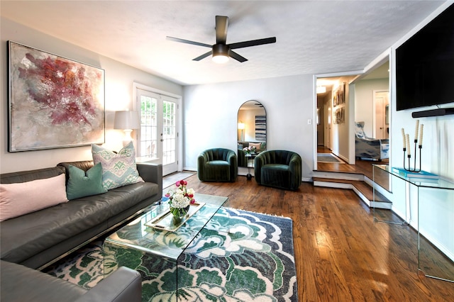 8803 Westglen Dr, Dallas, TX 75228 - living room featuring a ceiling fan, wood finished floors, and french doors