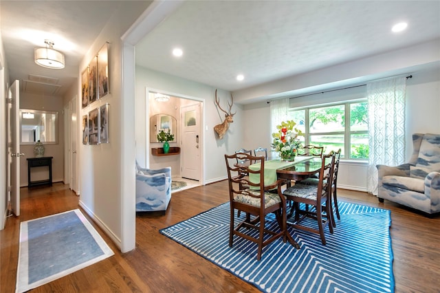 8803 Westglen Dr, Dallas, TX 75228 - dining area featuring attic access, wood finished floors, and recessed lighting