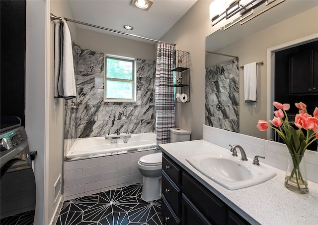 8803 Westglen Dr, Dallas, TX 75228 - bathroom with washer / dryer, tiled shower / bath, vanity, and tile patterned floors
