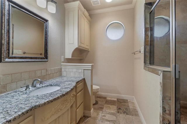 3804 Park Flower Ct, Arlington, TX 76017 - bathroom featuring ornamental molding, vanity, a stall shower, and stone tile flooring