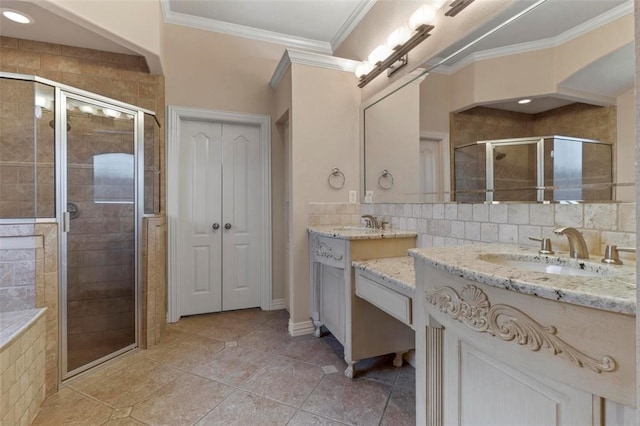 3804 Park Flower Ct, Arlington, TX 76017 - full bath featuring two vanities, a stall shower, ornamental molding, and tile patterned floors