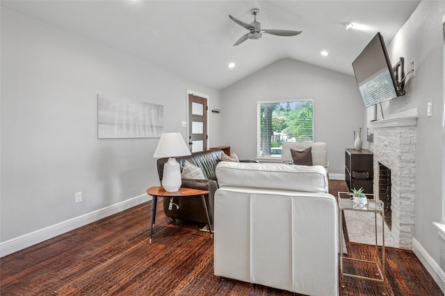 2711 El Tivoli Dr, Dallas, TX 75211 - living area featuring ceiling fan, vaulted ceiling, a fireplace, and recessed lighting