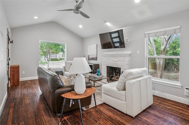 2711 El Tivoli Dr, Dallas, TX 75211 - living room with ceiling fan, lofted ceiling, a stone fireplace, wood finished floors, and recessed lighting