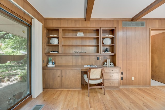13861 Far Hills Ln, Dallas, TX 75240 - home office with built in study area, beam ceiling, wood walls, and light wood-style floors