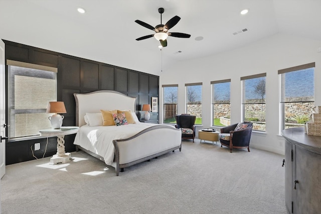 204 Big Sky Cir, Northlake, TX 76226 - bedroom featuring light colored carpet, multiple windows, lofted ceiling, recessed lighting, and a ceiling fan