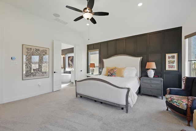 204 Big Sky Cir, Northlake, TX 76226 - bedroom featuring light carpet, vaulted ceiling, ensuite bathroom, a ceiling fan, and recessed lighting