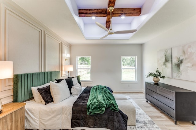 3020 Pueblo Trl, Lake Worth, TX 76135 - bedroom featuring coffered ceiling, light wood finished floors, beamed ceiling, and ceiling fan