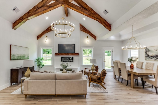 3020 Pueblo Trl, Lake Worth, TX 76135 - living area featuring a chandelier, beamed ceiling, light wood-style flooring, plenty of natural light, and recessed lighting
