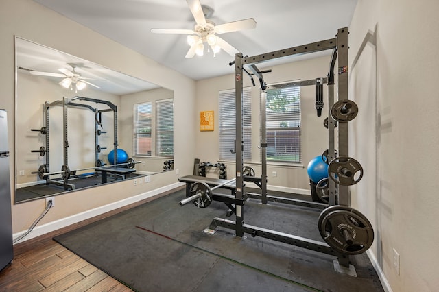 13341 Ridgepointe Rd, Fort Worth, TX 76244 - exercise room with ceiling fan and wood finished floors