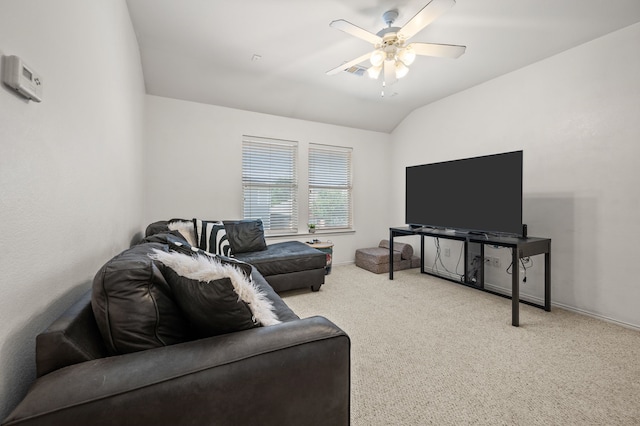 13341 Ridgepointe Rd, Fort Worth, TX 76244 - living area featuring carpet floors, vaulted ceiling, and a ceiling fan