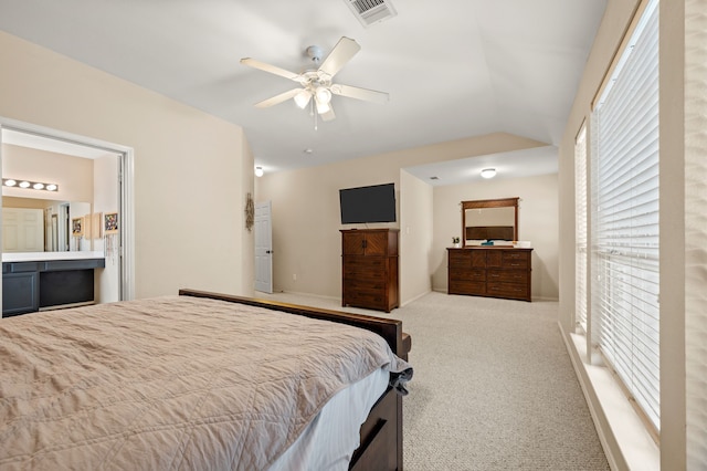 13341 Ridgepointe Rd, Fort Worth, TX 76244 - bedroom featuring carpet floors, lofted ceiling, ensuite bathroom, and ceiling fan