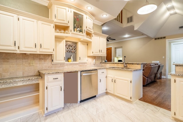 1450 Meandering Way, Rockwall, TX 75087 - kitchen with stainless steel dishwasher, ornamental molding, a peninsula, tasteful backsplash, and light stone countertops