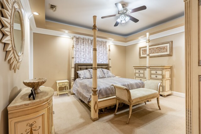 1450 Meandering Way, Rockwall, TX 75087 - bedroom featuring light carpet, crown molding, recessed lighting, a ceiling fan, and a raised ceiling