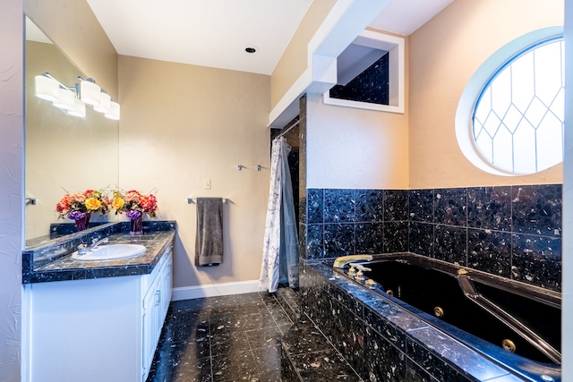 1450 Meandering Way, Rockwall, TX 75087 - bathroom with a tub with jets, vanity, and a shower with shower curtain
