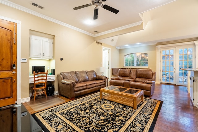 1450 Meandering Way, Rockwall, TX 75087 - living room featuring dark wood-style floors, ornamental molding, and a ceiling fan