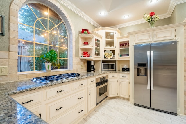 1450 Meandering Way, Rockwall, TX 75087 - kitchen featuring appliances with stainless steel finishes, crown molding, light stone counters, open shelves, and glass insert cabinets
