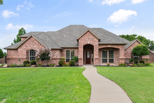220 Arbor Ln, Haslet, TX 76052 - french country style house featuring brick siding, a shingled roof, and a front lawn