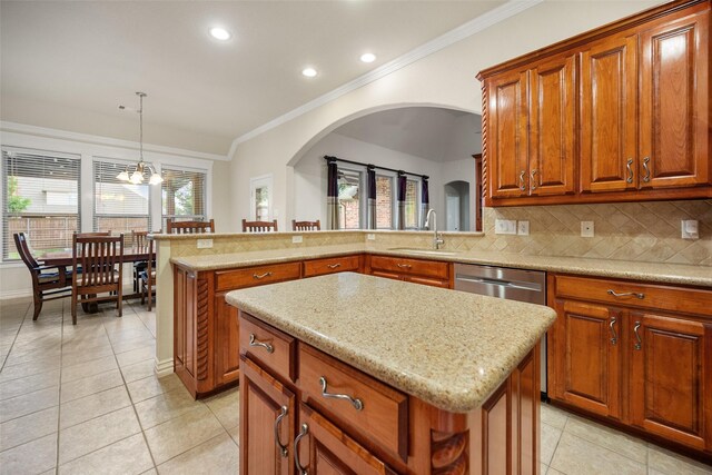 220 Arbor Ln, Haslet, TX 76052 - kitchen featuring ornamental molding, a kitchen island, light tile patterned flooring, decorative backsplash, and recessed lighting