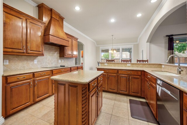 220 Arbor Ln, Haslet, TX 76052 - kitchen featuring dishwasher, arched walkways, ornamental molding, custom range hood, and backsplash