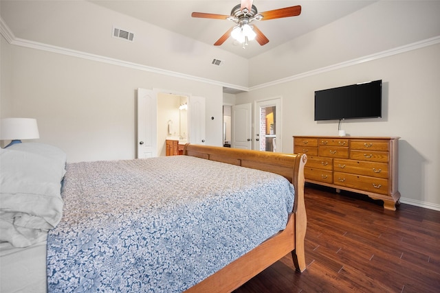 220 Arbor Ln, Haslet, TX 76052 - bedroom with dark wood-style floors, ceiling fan, and crown molding