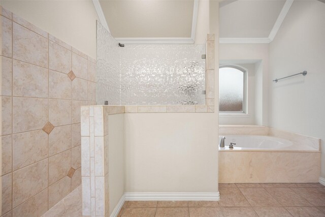 220 Arbor Ln, Haslet, TX 76052 - full bathroom with crown molding, a walk in shower, a bath, and tile patterned floors