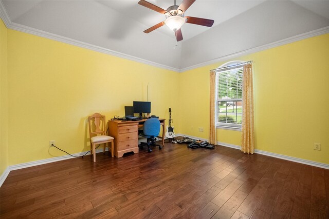 220 Arbor Ln, Haslet, TX 76052 - home office featuring wood finished floors, ceiling fan, vaulted ceiling, and ornamental molding