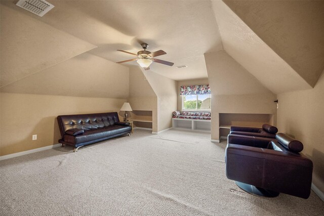 220 Arbor Ln, Haslet, TX 76052 - living area featuring vaulted ceiling, carpet, and ceiling fan