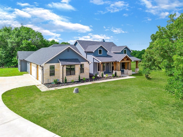 619 Latigo Ct, Weatherford, TX 76088 - craftsman-style house featuring a porch, stone siding, roof with shingles, concrete driveway, and a front lawn