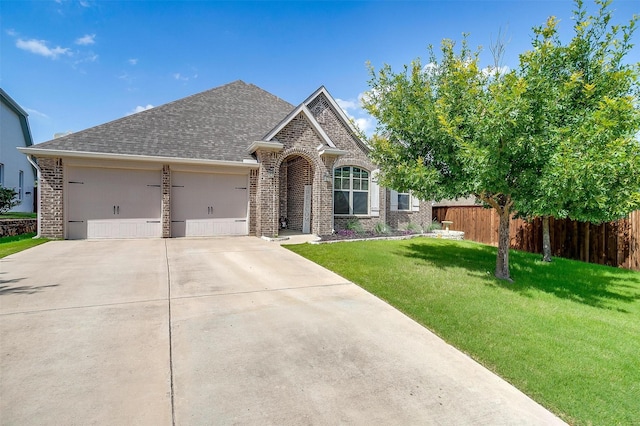 404 Bluffside Trl, Benbrook, TX 76126 - french country style house with driveway, a garage, a shingled roof, and brick siding
