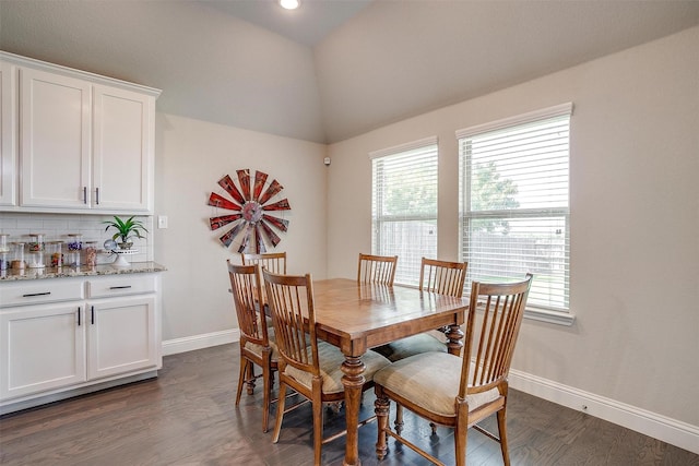 404 Bluffside Trl, Benbrook, TX 76126 - dining space featuring vaulted ceiling, wet bar, and dark wood-type flooring