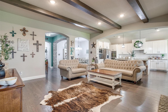 404 Bluffside Trl, Benbrook, TX 76126 - living area featuring arched walkways, beamed ceiling, dark wood-style floors, and recessed lighting