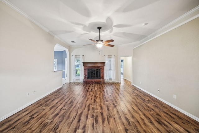 700 Lake Vista Ln, Lavon, TX 75166 - unfurnished living room with a ceiling fan, ornamental molding, dark wood-style floors, and a fireplace