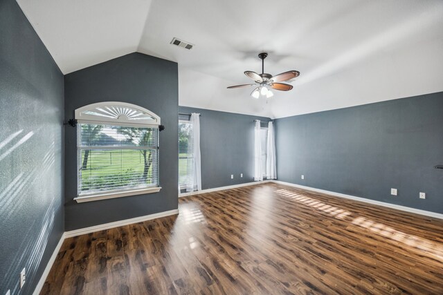 700 Lake Vista Ln, Lavon, TX 75166 - empty room with lofted ceiling, wood finished floors, and a ceiling fan